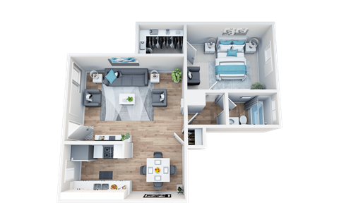 Floor plan for 1 bed, 1 bath, 700 sqft